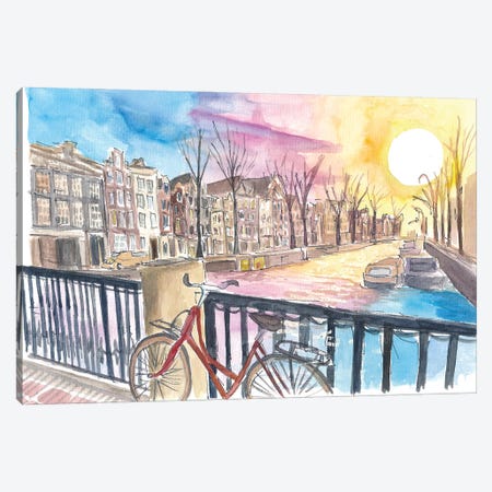 Amsterdam Prinsengracht At Sunset With Red Bike And Canal Canvas Print #MMB960} by Markus & Martina Bleichner Canvas Wall Art