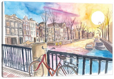 Amsterdam Prinsengracht At Sunset With Red Bike And Canal Canvas Art Print - Amsterdam Art