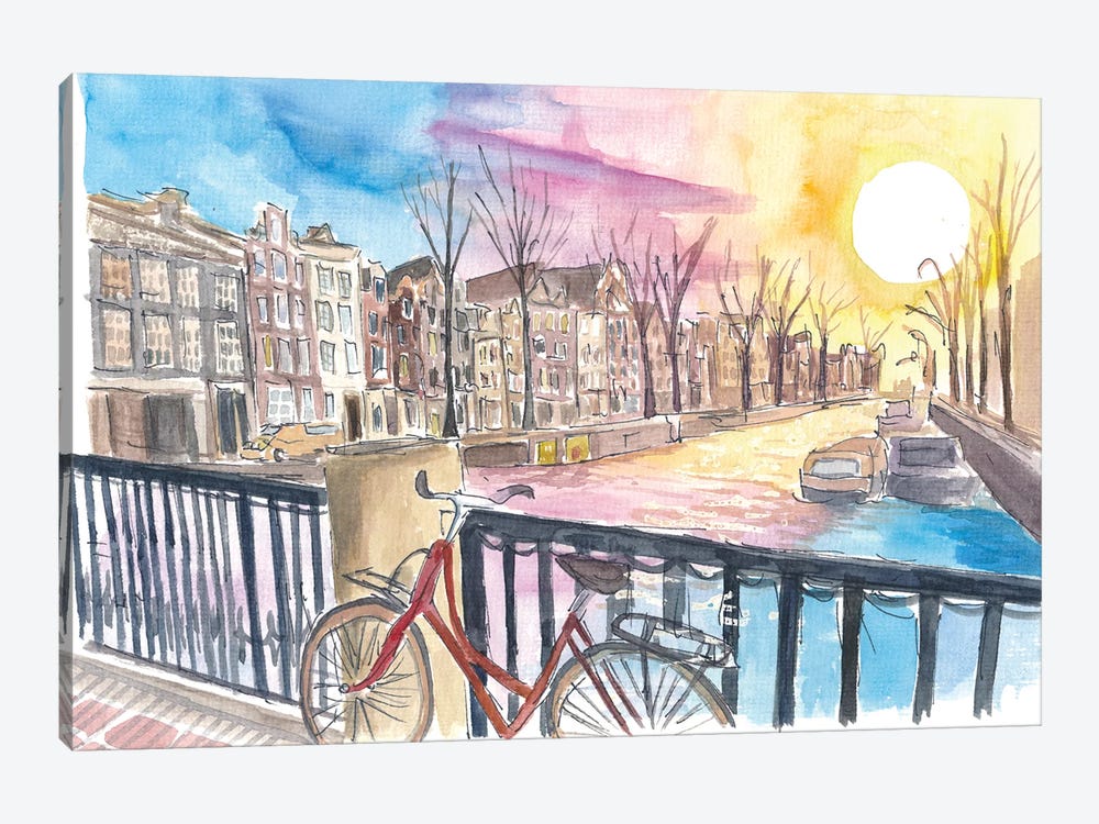 Amsterdam Prinsengracht At Sunset With Red Bike And Canal by Markus & Martina Bleichner 1-piece Canvas Art Print