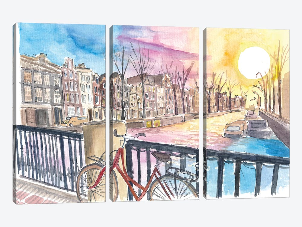 Amsterdam Prinsengracht At Sunset With Red Bike And Canal by Markus & Martina Bleichner 3-piece Art Print