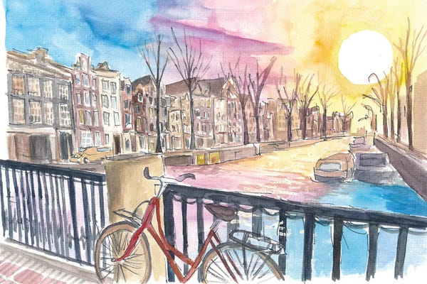 Markus & Martina Bleichner: Amsterdam Prinsengracht At Sunset With Red Bike And Canal by Markus & Martina Bleichner