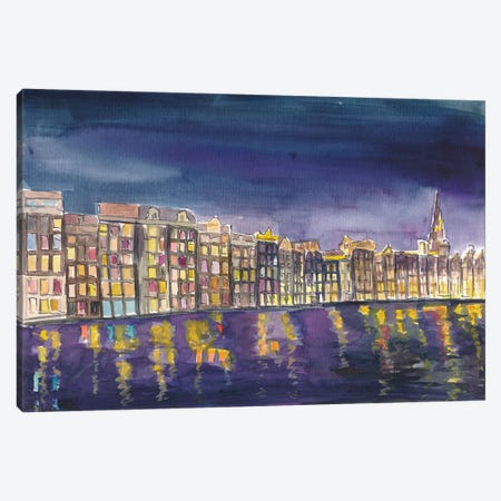 Amsterdam Damrak At Night With Illuminated Houses Canvas Print #MMB963} by Markus & Martina Bleichner Canvas Artwork