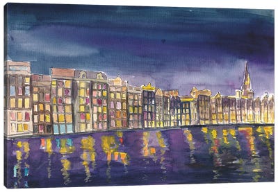 Amsterdam Damrak At Night With Illuminated Houses Canvas Art Print - Amsterdam Art