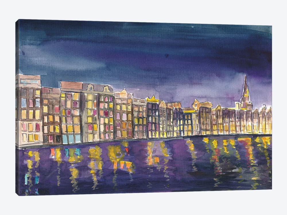 Amsterdam Damrak At Night With Illuminated Houses by Markus & Martina Bleichner 1-piece Canvas Wall Art