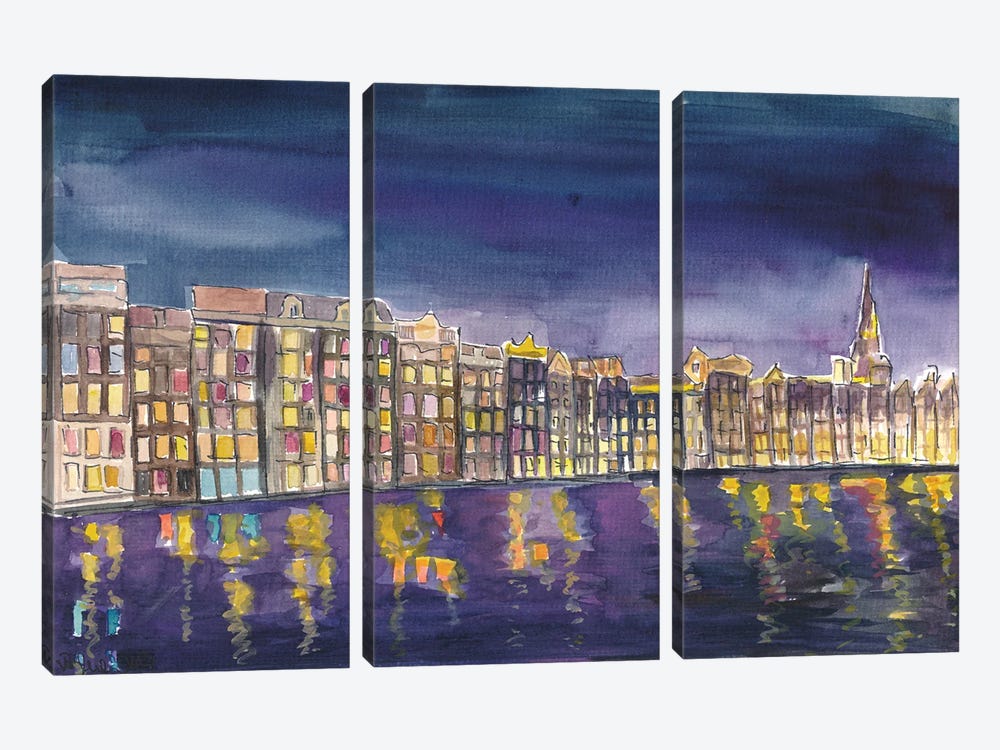 Amsterdam Damrak At Night With Illuminated Houses by Markus & Martina Bleichner 3-piece Canvas Wall Art