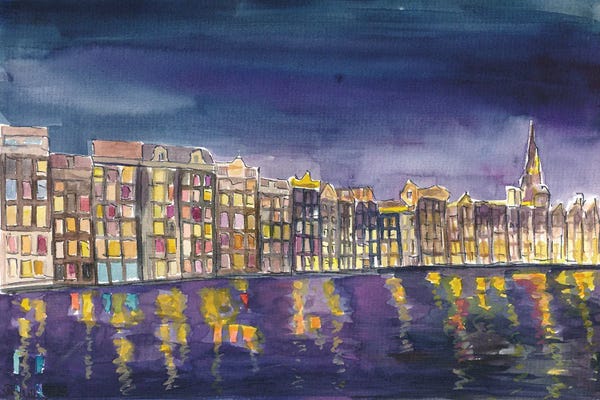 Markus & Martina Bleichner: Amsterdam Damrak At Night With Illuminated Houses by Markus & Martina Bleichner