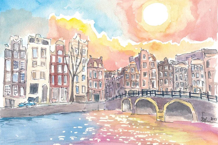 Amsterdam Torensluis Bridge Canal Scene With Sun And Water