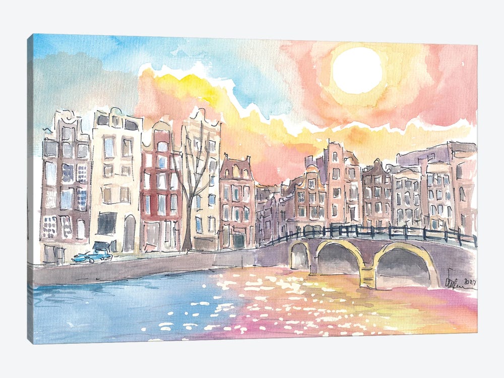 Amsterdam Torensluis Bridge Canal Scene With Sun And Water by Markus & Martina Bleichner 1-piece Art Print