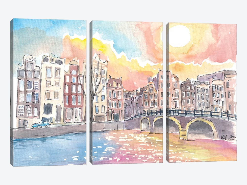Amsterdam Torensluis Bridge Canal Scene With Sun And Water by Markus & Martina Bleichner 3-piece Canvas Print