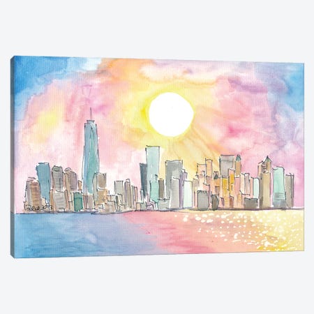 Manhattan NYC With Sunrays Over Skyline And Water Canvas Print #MMB968} by Markus & Martina Bleichner Canvas Art
