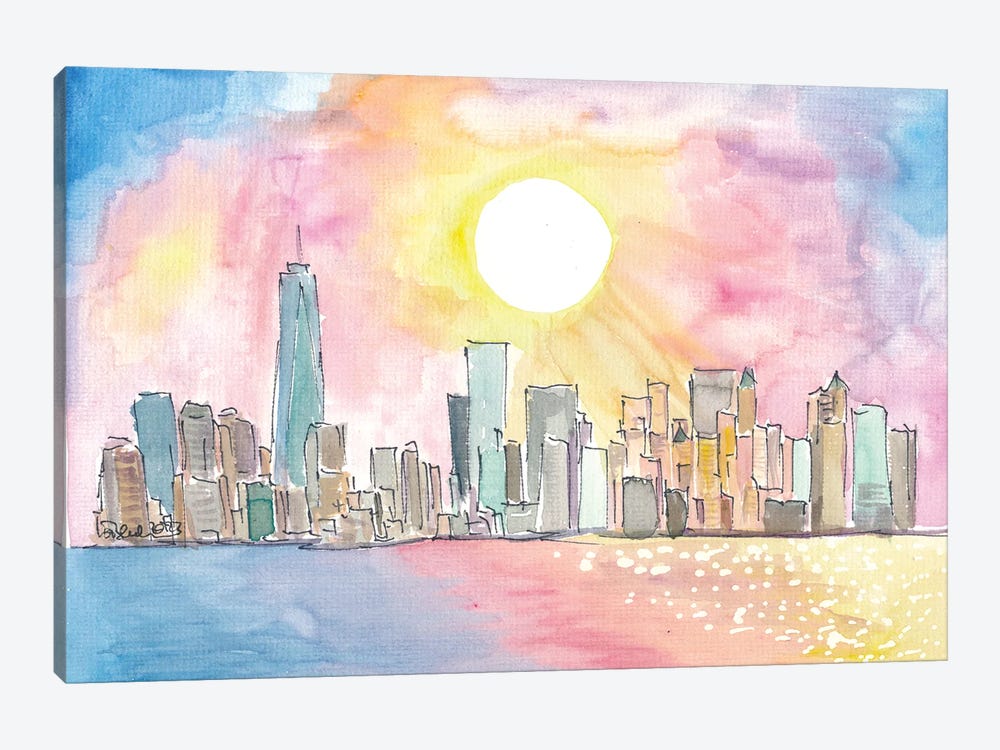 Manhattan NYC With Sunrays Over Skyline And Water by Markus & Martina Bleichner 1-piece Art Print