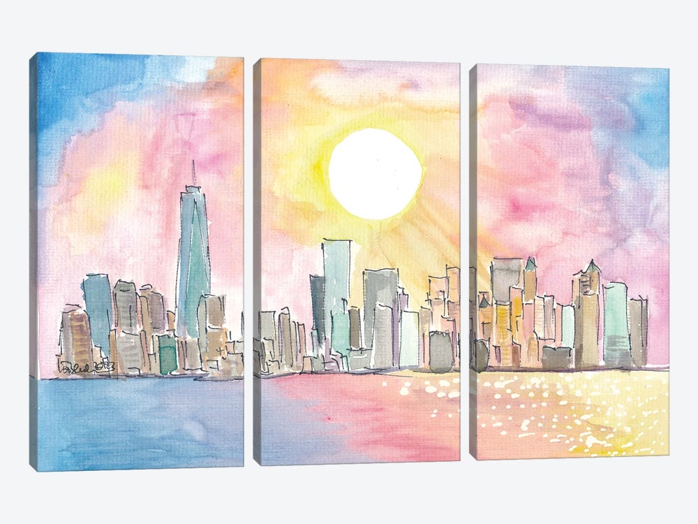 Manhattan NYC With Sunrays Over Skyline And Water by Markus & Martina Bleichner 3-piece Canvas Print