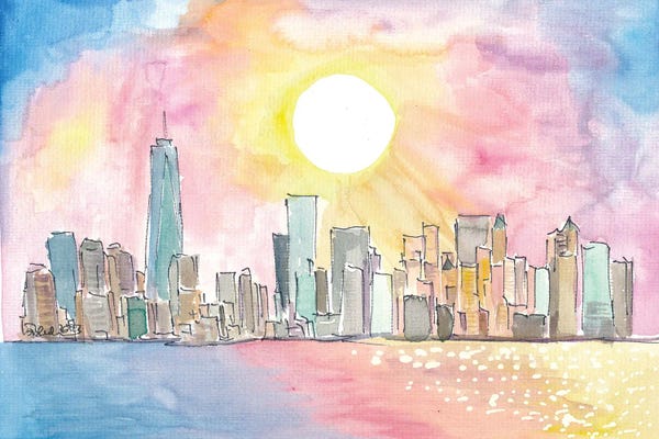 Manhattan NYC With Sunrays Over Skyline And Water