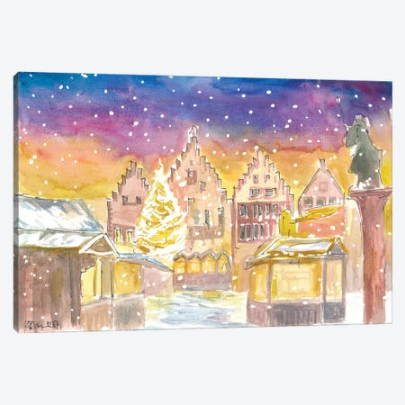 Frankfurt Germany Romantic Christmas Market At Night And Snowing Canvas Print #MMB969} by Markus & Martina Bleichner Canvas Art
