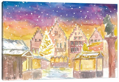 Frankfurt Germany Romantic Christmas Market At Night And Snowing Canvas Art Print - Snow Art