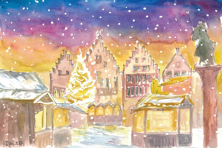 Frankfurt Germany Romantic Christmas Market At Night And Snowing by Markus & Martina Bleichner wall art