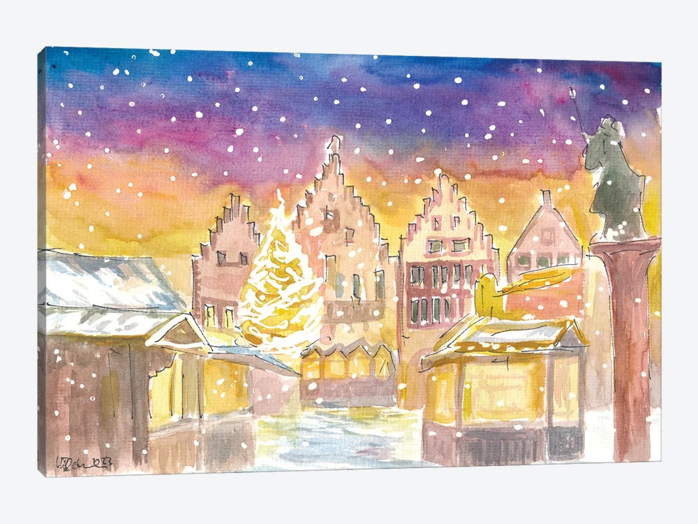 Frankfurt Germany Romantic Christmas Market At Night And Snowing by Markus & Martina Bleichner 1-piece Canvas Artwork