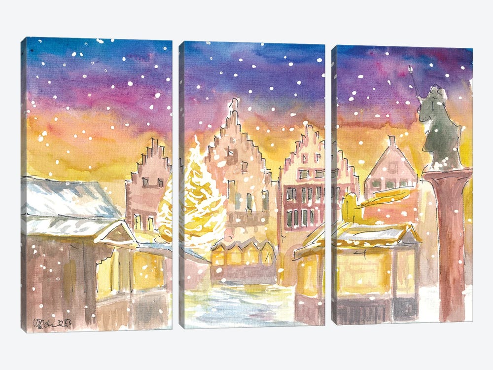 Frankfurt Germany Romantic Christmas Market At Night And Snowing by Markus & Martina Bleichner 3-piece Canvas Artwork