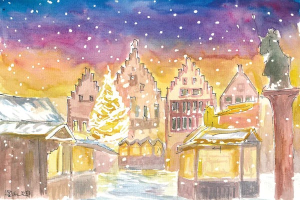 Frankfurt: Frankfurt Germany Romantic Christmas Market At Night And Snowing by Markus & Martina Bleichner