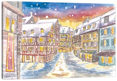 Snowing And Festive Colmar In Alsace With Old Town Canvas Art Print - Snow Art