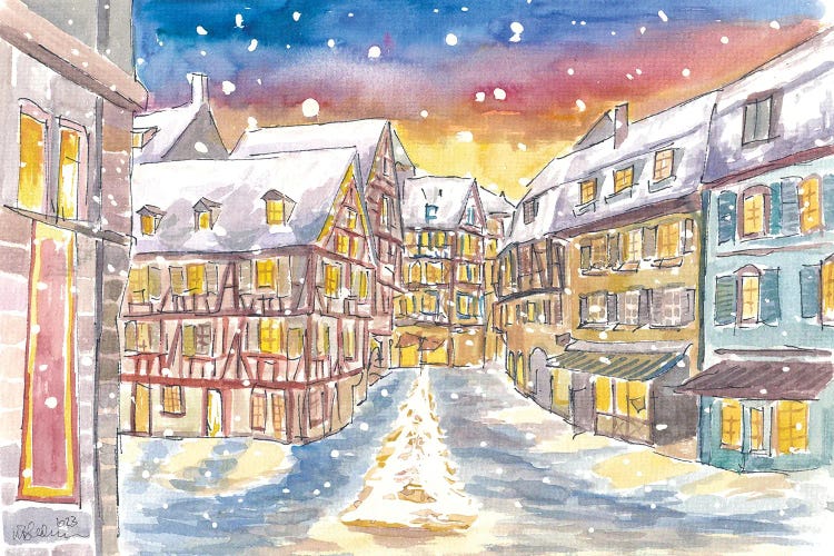 Snowing And Festive Colmar In Alsace With Old Town