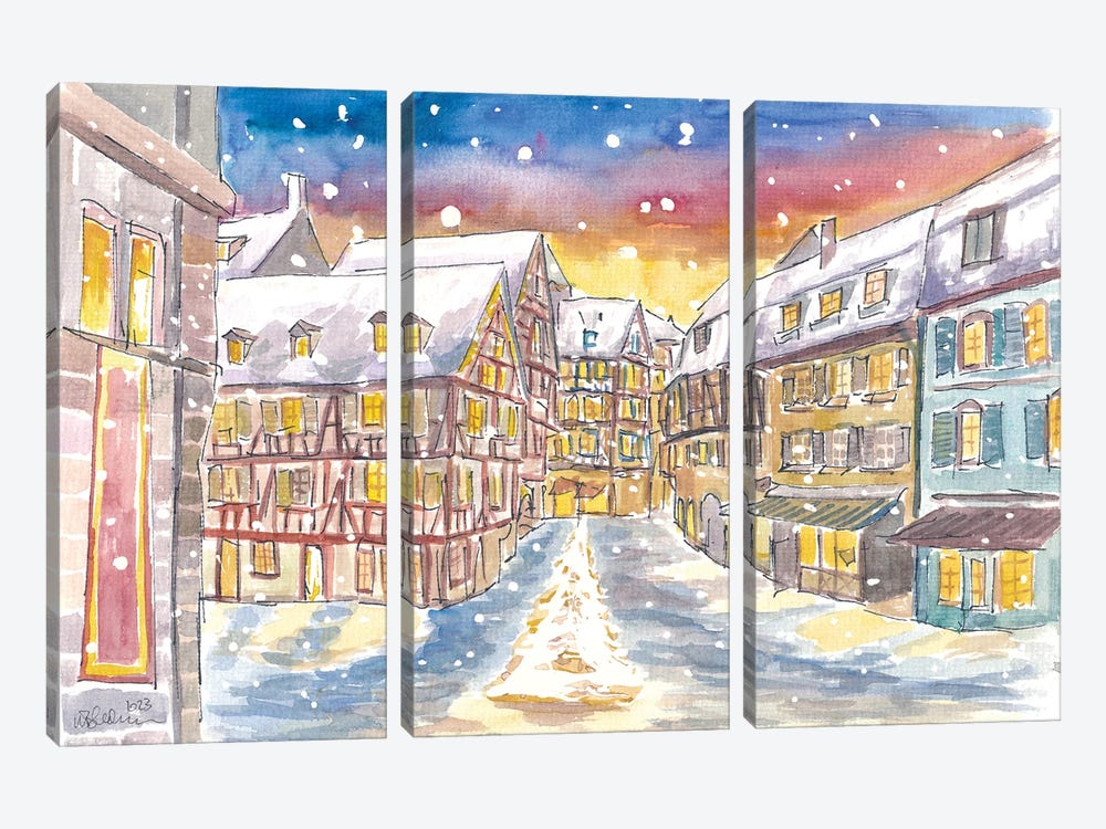 Snowing And Festive Colmar In Alsace With Old Town by Markus & Martina Bleichner 3-piece Art Print