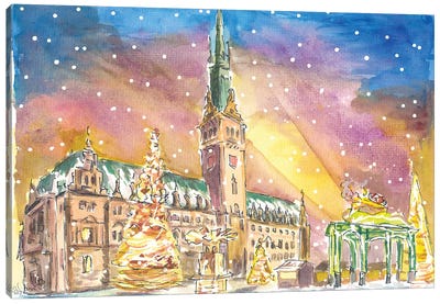 Hamburg City Hall Square Snowing And Festive Market Canvas Art Print - Hamburg