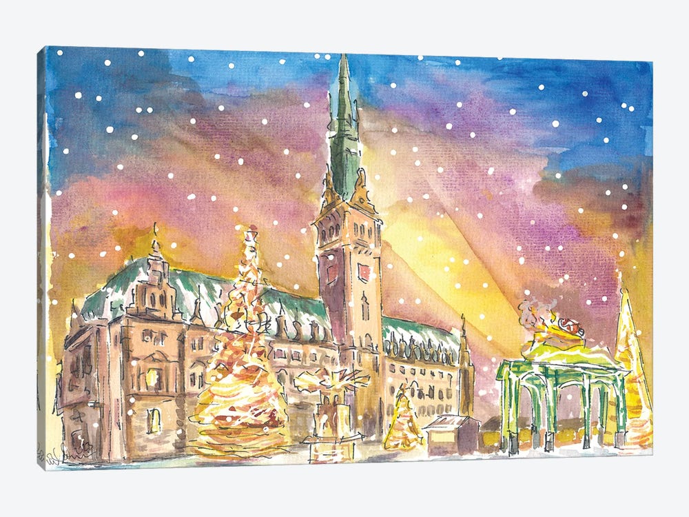 Hamburg City Hall Square Snowing And Festive Market by Markus & Martina Bleichner 1-piece Canvas Art