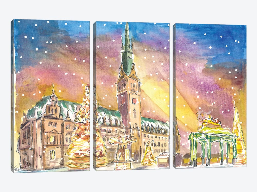 Hamburg City Hall Square Snowing And Festive Market by Markus & Martina Bleichner 3-piece Canvas Art