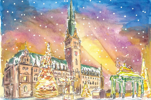 Markus & Martina Bleichner: Hamburg City Hall Square Snowing And Festive Market by Markus & Martina Bleichner