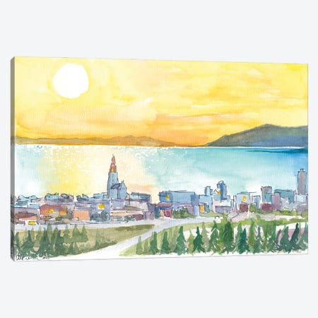 Amazing View Of Reykjavik Iceland With Hallgrimskirkja Church And Sea During Sunset Canvas Print #MMB980} by Markus & Martina Bleichner Canvas Art