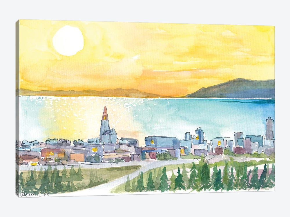 Amazing View Of Reykjavik Iceland With Hallgrimskirkja Church And Sea During Sunset by Markus & Martina Bleichner 1-piece Art Print