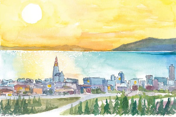 Reykjavik: Amazing View Of Reykjavik Iceland With Hallgrimskirkja Church And Sea During Sunset by Markus & Martina Bleichner