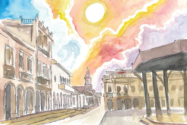 Markus & Martina Bleichner: Cuenca Ecuador Historic Street Scene With Sun by Markus & Martina Bleichner