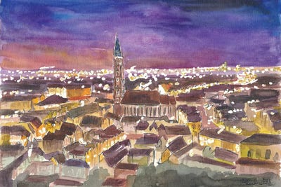 Landshut Night View Of Saint Martin Basilica With City Lights Of Altstadt And Isar Valley by Markus & Martina Bleichner canvas print