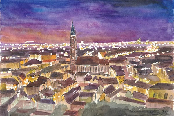 Landshut Night View Of Saint Martin Basilica With City Lights Of Altstadt And Isar Valley