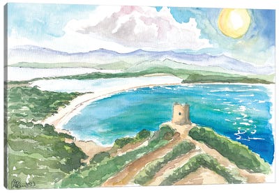 Sardinia Beach Bay With Lagoon And Turquoise Waters Under The Coastal Tower Canvas Art Print