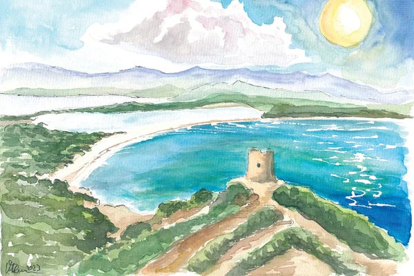 Markus & Martina Bleichner: Sardinia Beach Bay With Lagoon And Turquoise Waters Under The Coastal Tower by Markus & Martina Bleichner