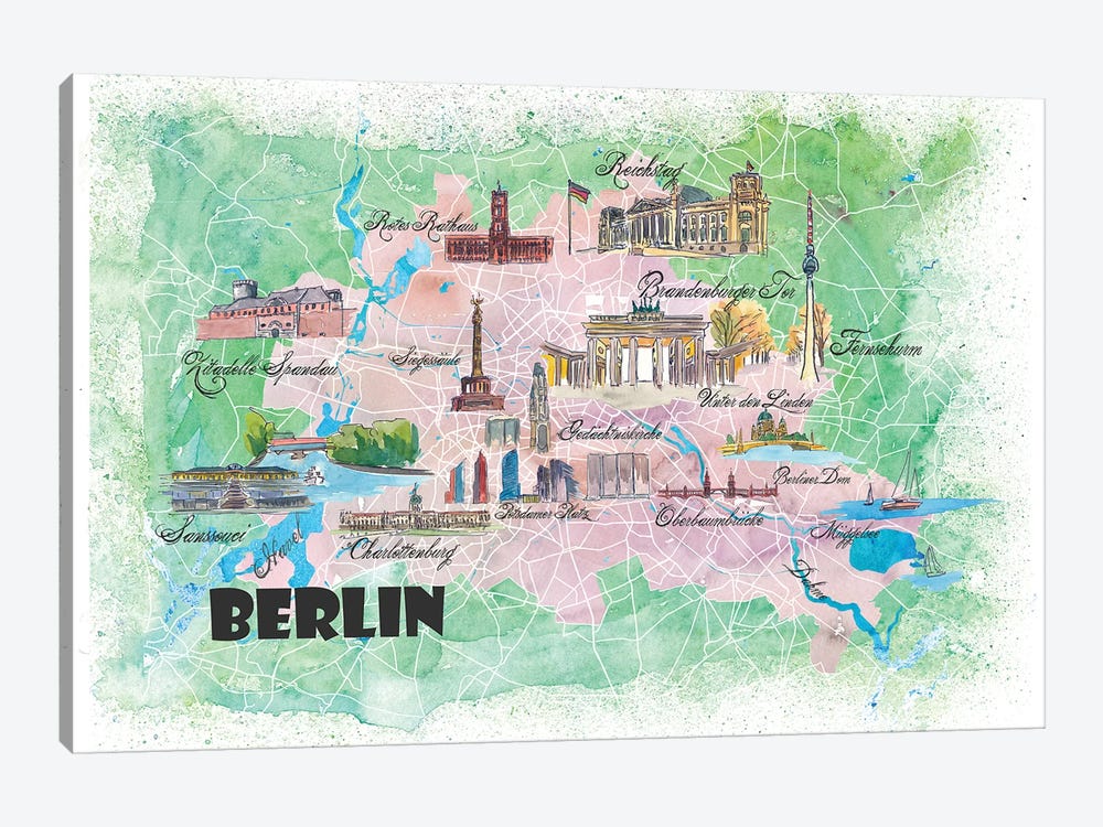 Berlin Germany Illustrated Map by Markus & Martina Bleichner 1-piece Canvas Wall Art