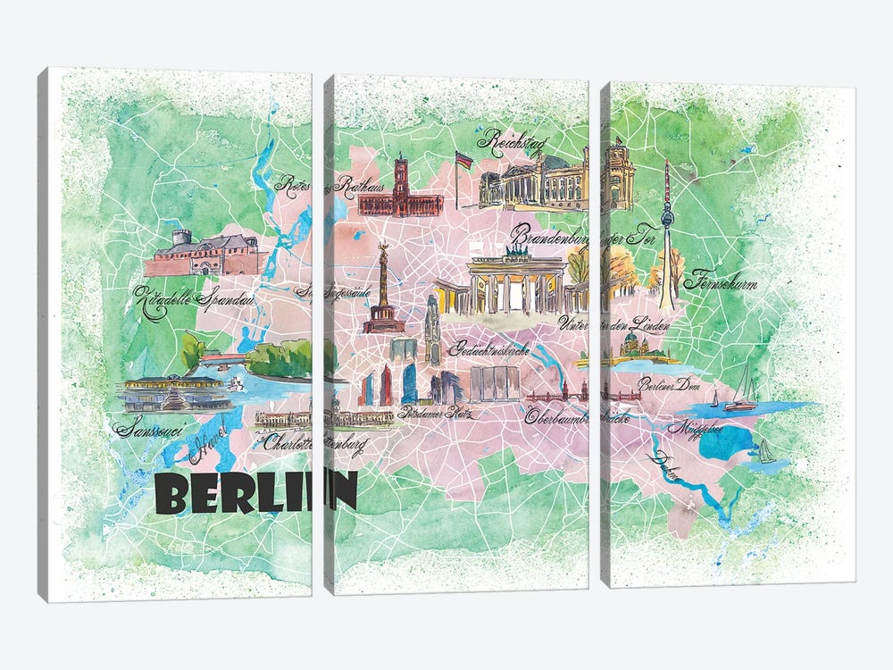 Berlin Germany Illustrated Map by Markus & Martina Bleichner 3-piece Canvas Art