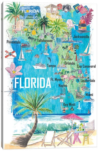 Florida Usa Illustrated State Map With Roads And Tourist Highlights Canvas Art Print - 3-Piece Map Art