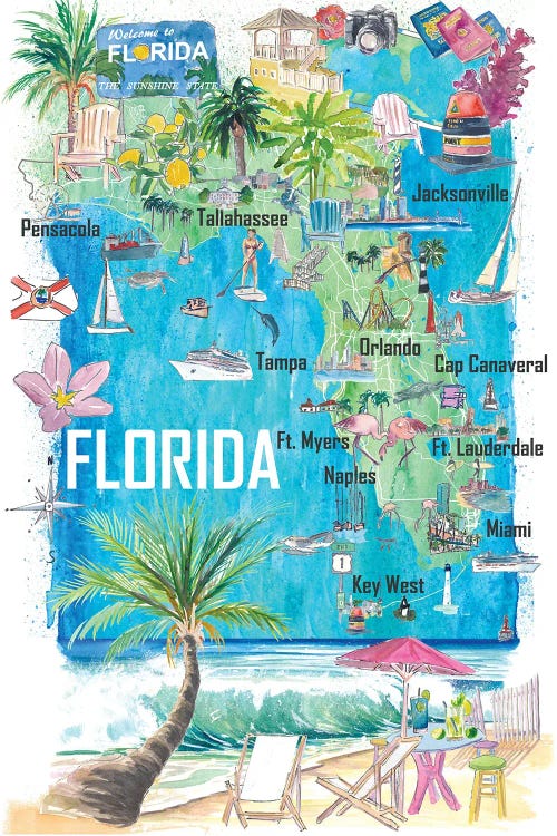 Florida Usa Illustrated State Map With Roads And Tourist Highlights