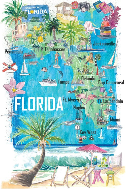 Florida Usa Illustrated State Map With Roads And Tourist Highlights by Markus & Martina Bleichner wall art
