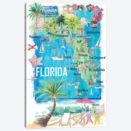 Florida Usa Illustrated State Map With Roads And Tourist Highlights Canvas Print #MMB990} by Markus & Martina Bleichner Canvas Art Print