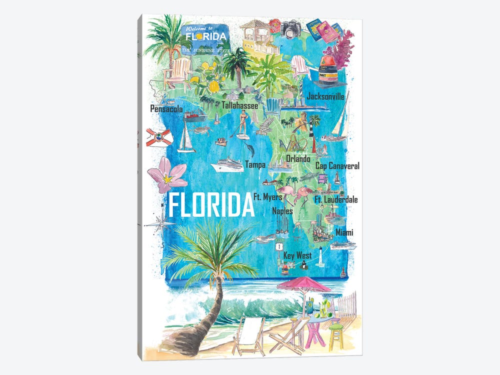 Florida Usa Illustrated State Map With Roads And Tourist Highlights by Markus & Martina Bleichner 1-piece Canvas Artwork