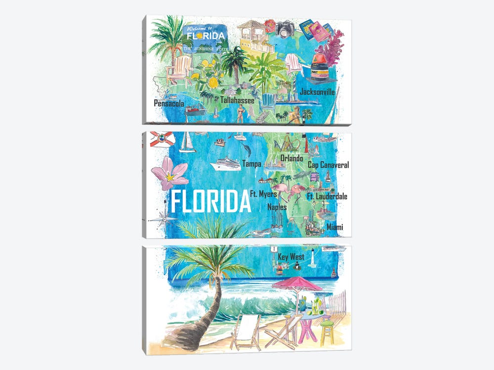 Florida Usa Illustrated State Map With Roads And Tourist Highlights by Markus & Martina Bleichner 3-piece Canvas Artwork