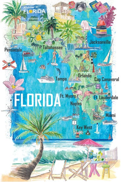 Large Map Art - Canvas Prints: Florida Usa Illustrated State Map With Roads And Tourist Highlights by Markus & Martina Bleichner