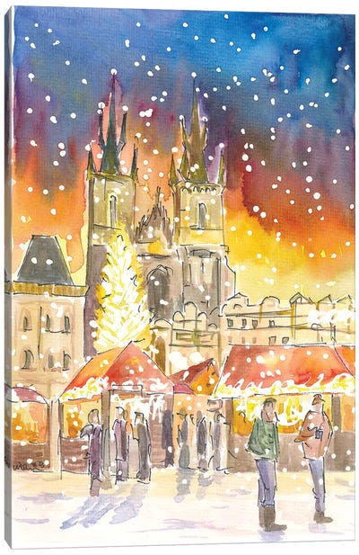 Prague Old Town Square Winter And Christmas Market By Night Canvas Art Print - Snow Art