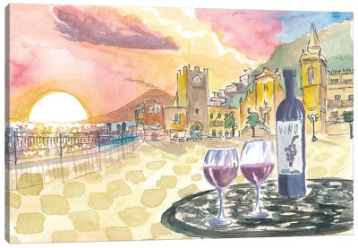 Gorgeous Taormina Sunset With Etna Vulcano View And Wonderful Piazza Ix Aprile Scenery Canvas Art Print - Volcano Art