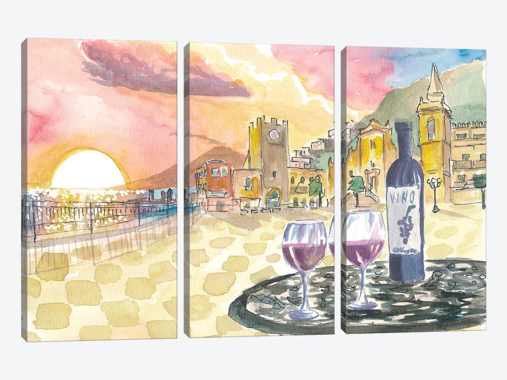 Gorgeous Taormina Sunset With Etna Vulcano View And Wonderful Piazza Ix Aprile Scenery by Markus & Martina Bleichner 3-piece Canvas Artwork